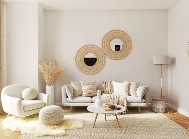 Bright and minimalist living room styled for Airbnb advertising, featuring neutral tones, cosy seating, and natural decor elements.