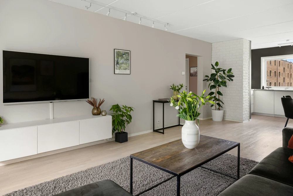 Modern serviced apartment living room with TV and plants.